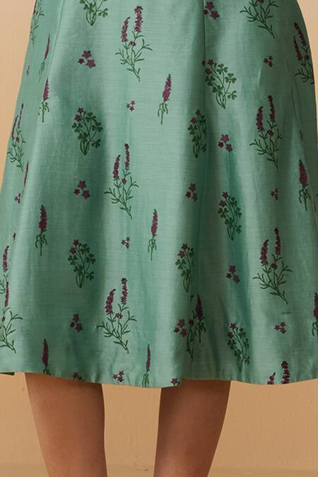 Shop Dressfolk Teal Chanderi Open Neck Hand Block Floral Midi Dress Online at Aza Fashions Shop_Dressfolk_Teal Chanderi Open Neck Hand Block Floral Midi Dress _Online_at_Aza_Fashions