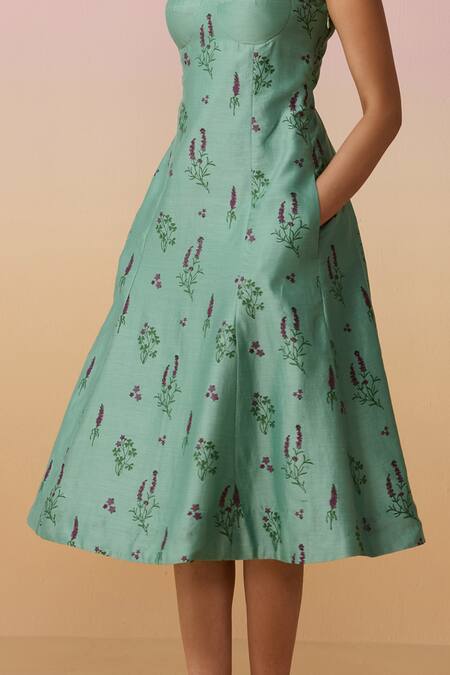 Dressfolk Teal Chanderi Open Neck Hand Block Floral Midi Dress at Aza Fashions Dressfolk_Teal Chanderi Open Neck Hand Block Floral Midi Dress _at_Aza_Fashions