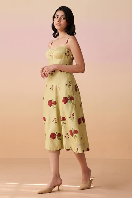 Dressfolk Green Chanderi Sweetheart Neck Floral Hand Block Printed Midi Dress Online at Aza Fashions Dressfolk_Green Chanderi Sweetheart Neck Floral Hand Block Printed Midi Dress _Online_at_Aza_Fashions