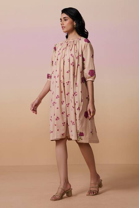 Dressfolk_Pink Cotton Embroidery Round Neck Onion Hand Block Printed Midi Dress_Online_at_Aza_Fashions
