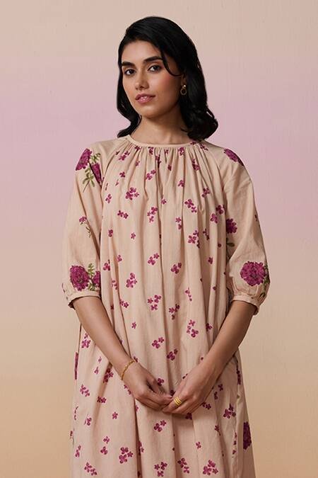 Buy_Dressfolk_Pink Cotton Embroidery Round Neck Onion Hand Block Printed Midi Dress_Online_at_Aza_Fashions