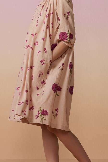 Shop_Dressfolk_Pink Cotton Embroidery Round Neck Onion Hand Block Printed Midi Dress_Online_at_Aza_Fashions