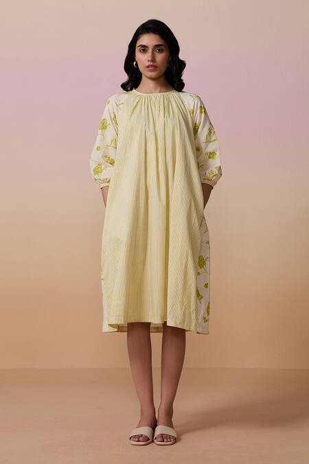 Dressfolk_Ivory Cotton Round Neck Hand Block Printed Midi Dress_Online_at_Aza_Fashions