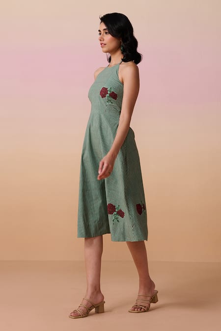 Dressfolk Teal Poplin Embroidery Halter Neck Hand Block Floral Midi Dress Online at Aza Fashions Dressfolk_Teal Poplin Embroidery Halter Neck Hand Block Floral Midi Dress _Online_at_Aza_Fashions