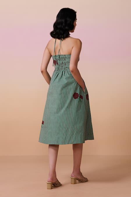 Shop Dressfolk Teal Poplin Embroidery Halter Neck Hand Block Floral Midi Dress at Aza Fashions Shop_Dressfolk_Teal Poplin Embroidery Halter Neck Hand Block Floral Midi Dress _at_Aza_Fashions