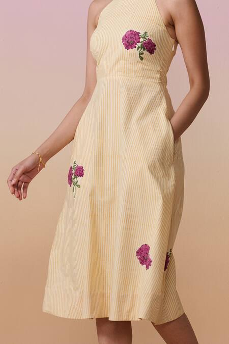 Dressfolk_Ivory Poplin Embroidery Halter Neck Floral Midi Dress_at_Aza_Fashions