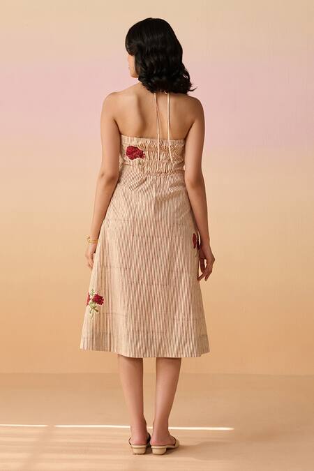 Shop Dressfolk Ivory Poplin Embroidery Halter Neck And Red Hand Block Floral Midi Dress at Aza Fashions Shop_Dressfolk_Ivory Poplin Embroidery Halter Neck And Red Hand Block Floral Midi Dress_at_Aza_Fashions