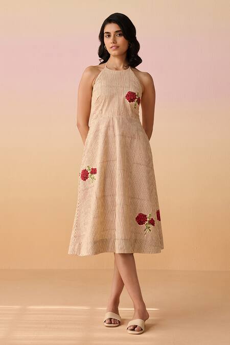 Dressfolk Ivory Poplin Embroidery Halter Neck And Red Hand Block Floral Midi Dress Online at Aza Fashions Dressfolk_Ivory Poplin Embroidery Halter Neck And Red Hand Block Floral Midi Dress_Online_at_Aza_Fashions