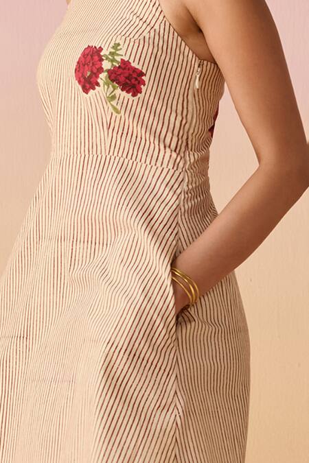 Buy Dressfolk Ivory Poplin Embroidery Halter Neck And Red Hand Block Floral Midi Dress Online at Aza Fashions Buy_Dressfolk_Ivory Poplin Embroidery Halter Neck And Red Hand Block Floral Midi Dress_Online_at_Aza_Fashions