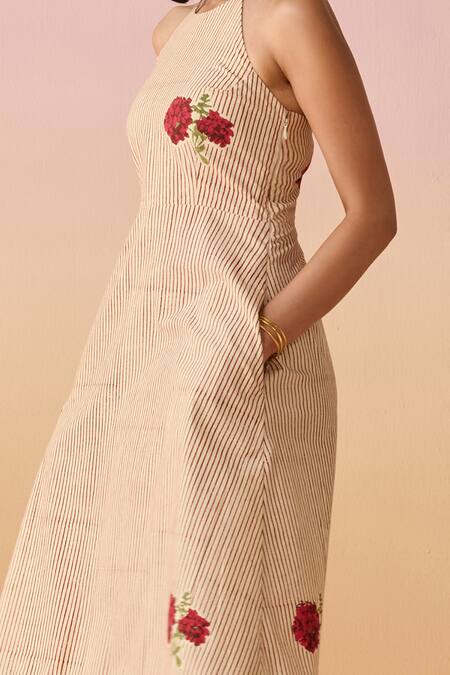 Dressfolk Ivory Poplin Embroidery Halter Neck And Red Hand Block Floral Midi Dress at Aza Fashions Dressfolk_Ivory Poplin Embroidery Halter Neck And Red Hand Block Floral Midi Dress_at_Aza_Fashions