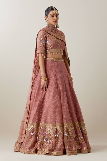 Ikshita Choudhary Blush Net, Chanderi, Crepe Embroidery, Sequins V-neck Pink Lehenga Set Online at Aza Fashions Ikshita Choudhary_Blush Net, Chanderi, Crepe Embroidery, Sequins V-neck Pink Lehenga Set _Online_at_Aza_Fashions
