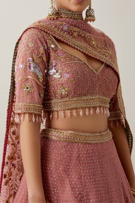 Ikshita Choudhary Blush Net, Chanderi, Crepe Embroidery, Sequins V-neck Pink Lehenga Set at Aza Fashions Ikshita Choudhary_Blush Net, Chanderi, Crepe Embroidery, Sequins V-neck Pink Lehenga Set _at_Aza_Fashions