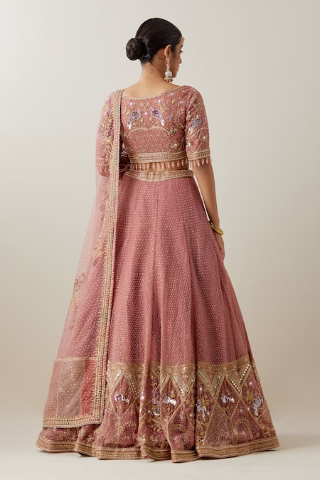 Shop Ikshita Choudhary Blush Net, Chanderi, Crepe Embroidery, Sequins V-neck Pink Lehenga Set at Aza Fashions Shop_Ikshita Choudhary_Blush Net, Chanderi, Crepe Embroidery, Sequins V-neck Pink Lehenga Set _at_Aza_Fashions