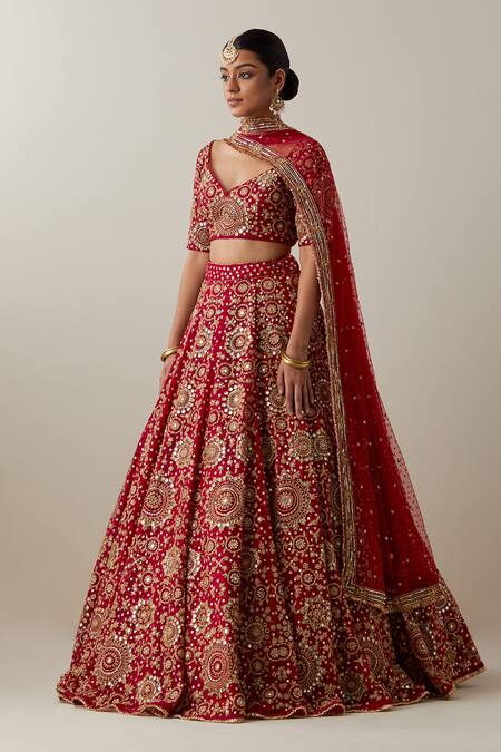 Ikshita Choudhary_Red Net, Chanderi Embroidery Asymmetric Lehenga Set _Online_at_Aza_Fashions