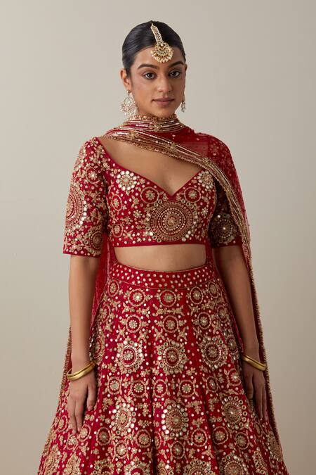 Buy_Ikshita Choudhary_Red Net, Chanderi Embroidery Asymmetric Lehenga Set _Online_at_Aza_Fashions