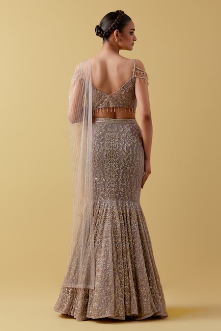 Shop Ikshita Choudhary Lavender Net, Lycra Beads, Embroidery V-neck Lehenga Set at Aza Fashions Shop_Ikshita Choudhary_Lavender Net, Lycra Beads, Embroidery V-neck Lehenga Set _at_Aza_Fashions