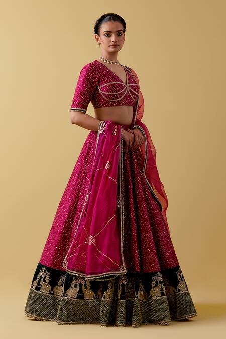 Buy_Ikshita Choudhary_Magenta Chanderi, Velvet, Organza Embroidery, Sequins V-neck Lehenga Set _Online_at_Aza_Fashions