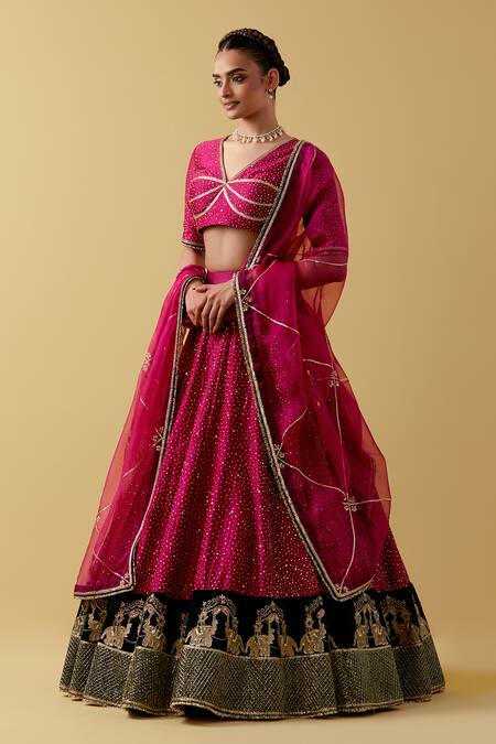 Shop_Ikshita Choudhary_Magenta Chanderi, Velvet, Organza Embroidery, Sequins V-neck Lehenga Set _Online_at_Aza_Fashions