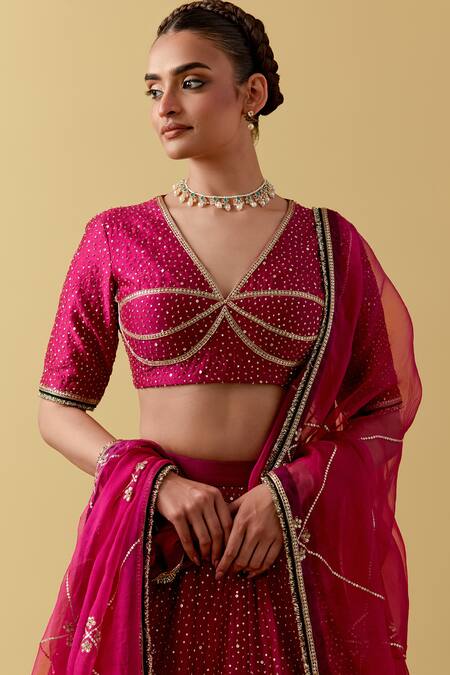 Ikshita Choudhary_Magenta Chanderi, Velvet, Organza Embroidery, Sequins V-neck Lehenga Set _at_Aza_Fashions