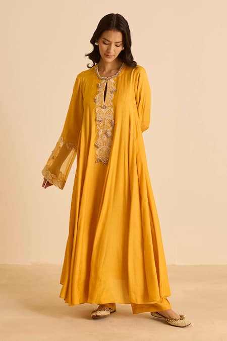 Inej_Orange Satin, Pearls Round Neck Embroidered Side Kali Kurta Set _at_Aza_Fashions
