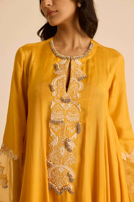 Buy_Inej_Orange Satin, Pearls Round Neck Embroidered Side Kali Kurta Set 