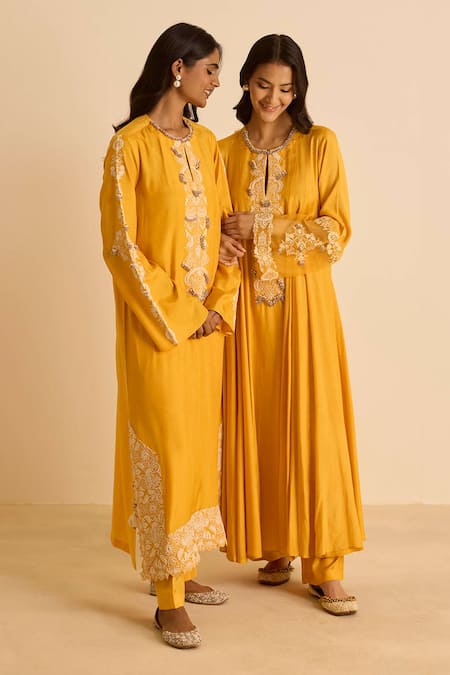 Shop_Inej_Orange Satin, Pearls Round Neck Embroidered Side Kali Kurta Set 