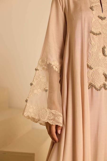 Inej_Peach Cotton, Silk Pearls Round Neck Embroidered Suit Set _Online_at_Aza_Fashions