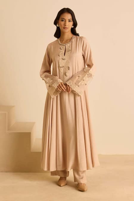 Shop_Inej_Peach Cotton, Silk Pearls Round Neck Embroidered Suit Set _Online_at_Aza_Fashions