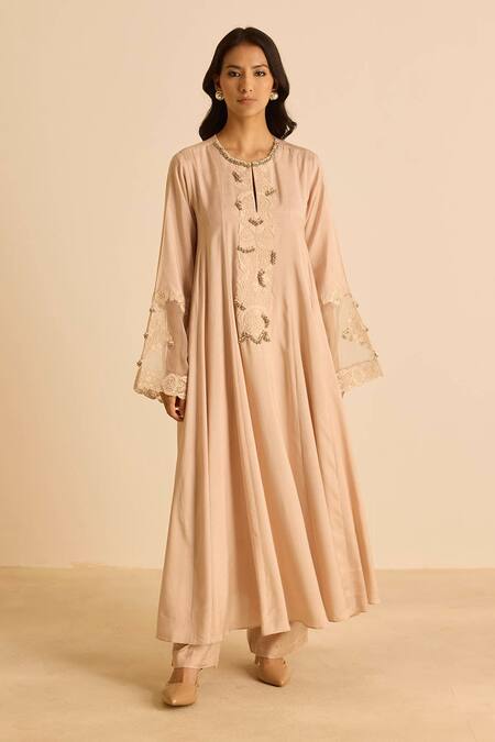 Inej_Peach Cotton, Silk Pearls Round Neck Embroidered Suit Set _at_Aza_Fashions