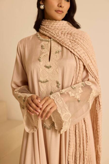 Shop_Inej_Peach Cotton, Silk Pearls Round Neck Embroidered Suit Set 