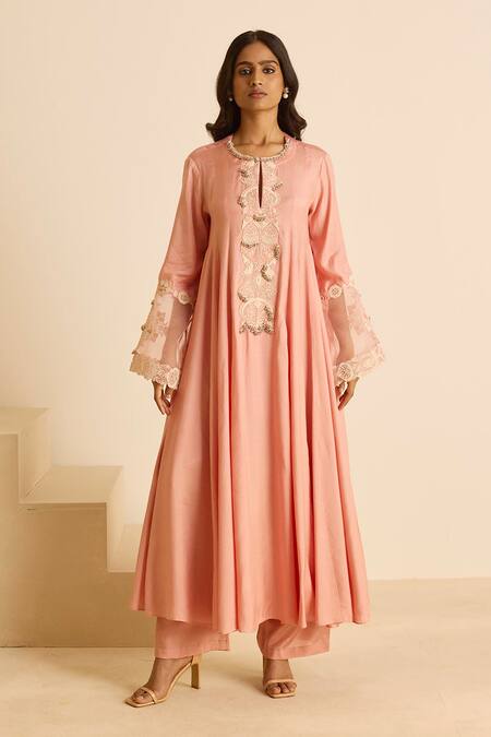 Shop_Inej_Pink Cotton Pearls Round Neck Embroidered Anarkali Suit Set _Online_at_Aza_Fashions