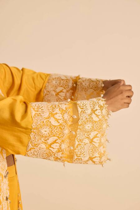 Inej_Yellow Cotton, Silk Pearls, Embroidery Open , Round Orange Jacket Set _Online_at_Aza_Fashions