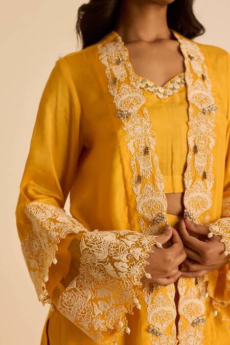 Buy_Inej_Yellow Cotton, Silk Pearls, Embroidery Open , Round Orange Jacket Set _Online_at_Aza_Fashions