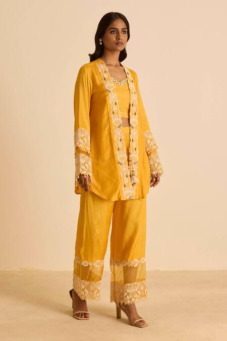 Shop_Inej_Yellow Cotton, Silk Pearls, Embroidery Open , Round Orange Jacket Set _Online_at_Aza_Fashions