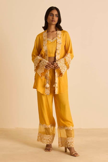 Inej_Yellow Cotton, Silk Pearls, Embroidery Open , Round Orange Jacket Set _at_Aza_Fashions
