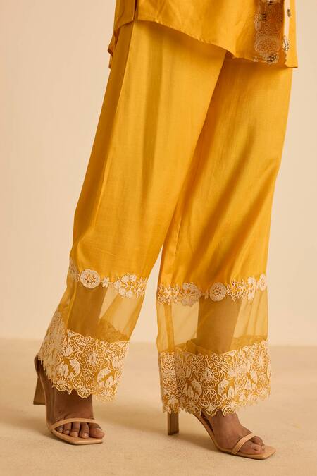 Buy_Inej_Yellow Cotton, Silk Pearls, Embroidery Open , Round Orange Jacket Set 