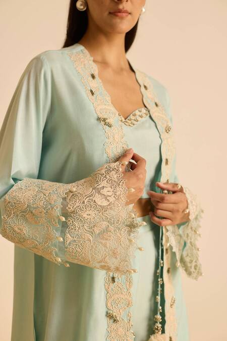 Inej_Sky Blue Cotton, Silk Pearls, Tassels V-, Round Embroidered Jacket Set _Online_at_Aza_Fashions