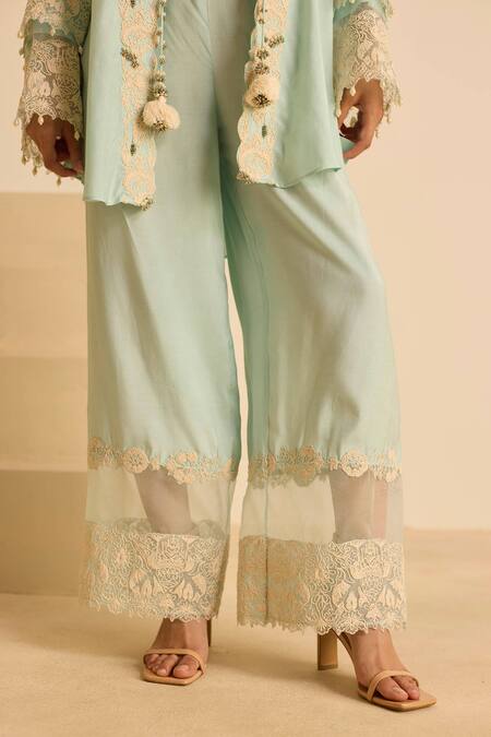 Buy_Inej_Sky Blue Cotton, Silk Pearls, Tassels V-, Round Embroidered Jacket Set _Online_at_Aza_Fashions