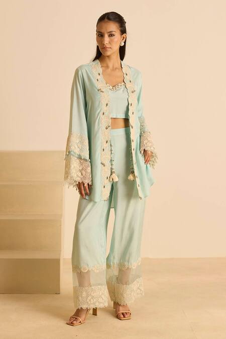 Shop_Inej_Sky Blue Cotton, Silk Pearls, Tassels V-, Round Embroidered Jacket Set _Online_at_Aza_Fashions