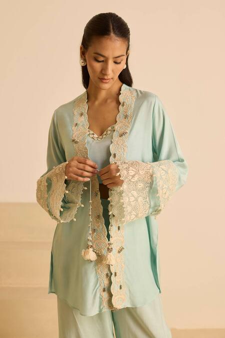 Inej_Sky Blue Cotton, Silk Pearls, Tassels V-, Round Embroidered Jacket Set _at_Aza_Fashions