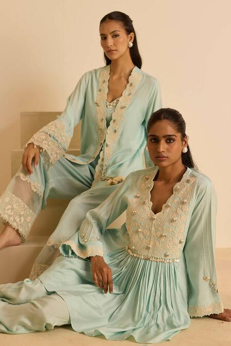 Buy_Inej_Sky Blue Cotton, Silk Pearls, Tassels V-, Round Embroidered Jacket Set 
