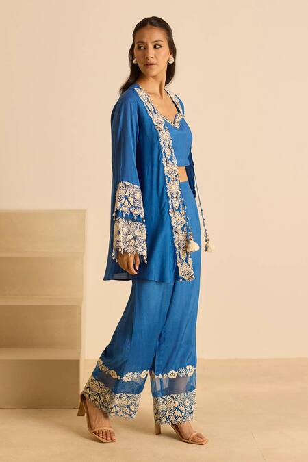 Buy_Inej_Blue Cotton, Silk Tassels V-, Round Embroidered Jacket Set _Online_at_Aza_Fashions