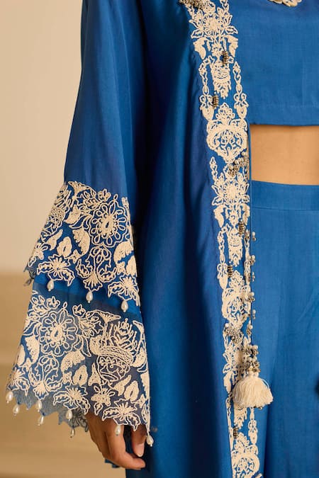 Inej_Blue Cotton, Silk Tassels V-, Round Embroidered Jacket Set _at_Aza_Fashions