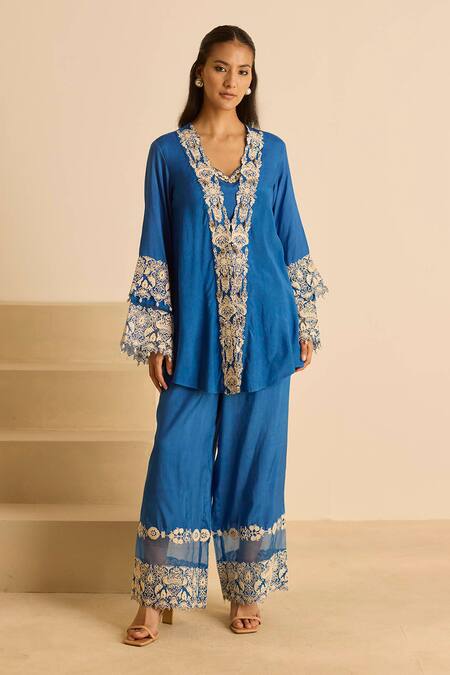 Buy_Inej_Blue Cotton, Silk Tassels V-, Round Embroidered Jacket Set 