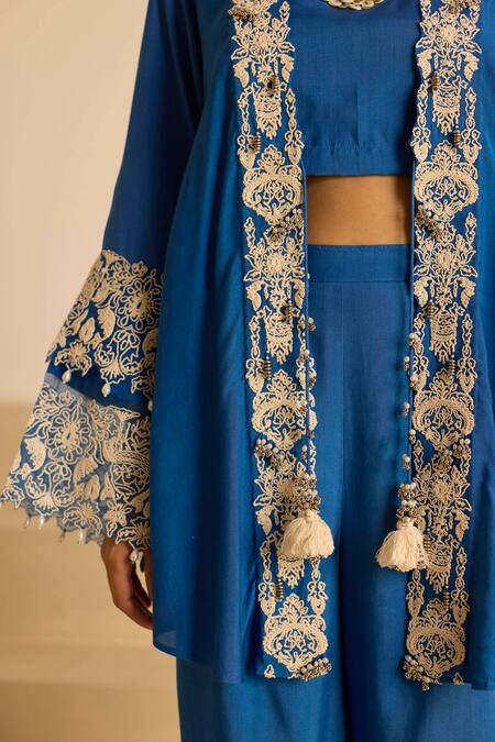 Shop_Inej_Blue Cotton, Silk Tassels V-, Round Embroidered Jacket Set 