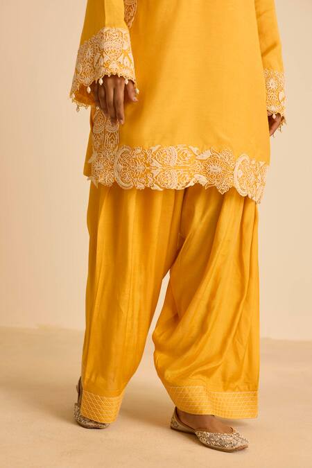Shop_Inej_Yellow Cotton, Silk Embroidery, Tassels Round Neck Kashmiri Kurta Set _Online_at_Aza_Fashions