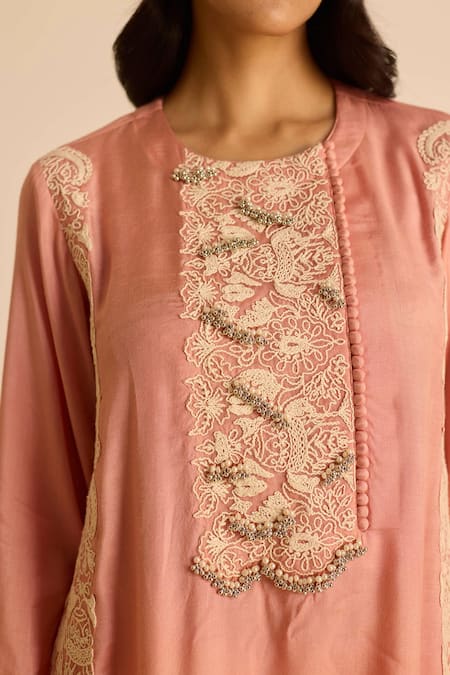 Buy_Inej_Pink Cotton Pearls, Embroidery Round Neck Kashmiri Kurta And Salwar Set 