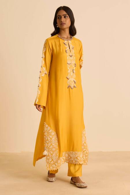 Inej_Orange Cotton Pearls, Tassels Round Straight Cut Kurta Set With Dori Embroidery _Online_at_Aza_Fashions