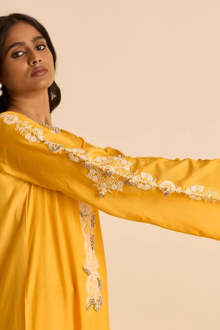 Shop_Inej_Orange Cotton Pearls, Tassels Round Straight Cut Kurta Set With Dori Embroidery _Online_at_Aza_Fashions