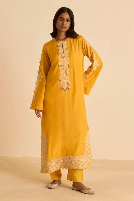 Buy_Inej_Orange Cotton Pearls, Tassels Round Straight Cut Kurta Set With Dori Embroidery 